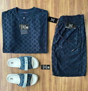 Conjunto Grife - Louis Vuitton  Azul (Promoção Esquenta Black Friday) [CAMISA + BERMUDA + BONÉ + CHINELO]