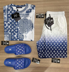 Conjunto Louis Vuitton Blue (Promoção Esquenta Black Friday) [CAMISA + BERMUDA + CHINELO]