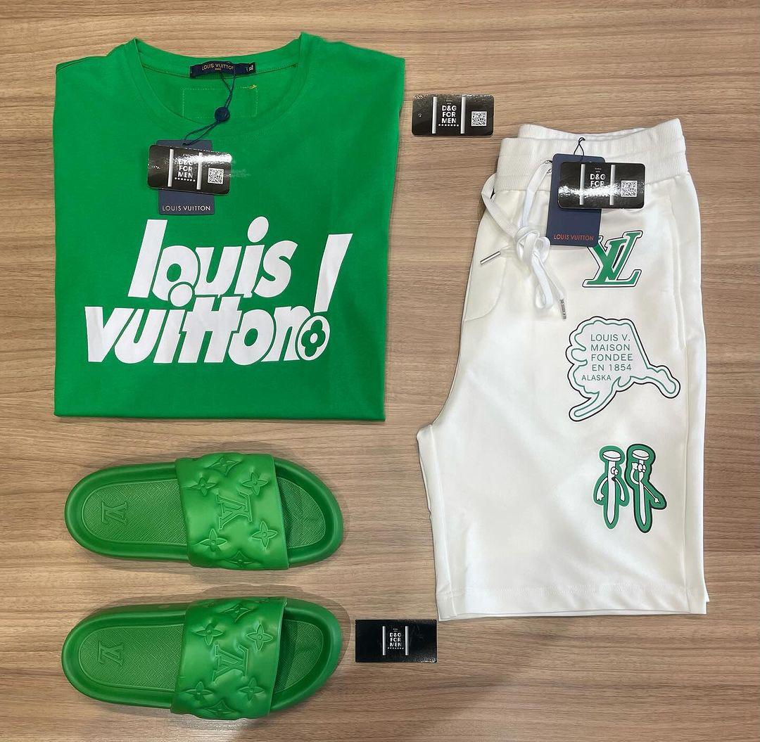 Conjunto Grife - Louis Vuitton Verde (Promoção Esquenta Black Friday) [CAMISA + BERMUDA + BONÉ + CHINELO]