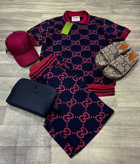 Conjunto Gucci+ bag Lv  (Promoção Esquenta Black Friday) [CAMISA + BERMUDA + CHINELO+BONÉ+BAG )]